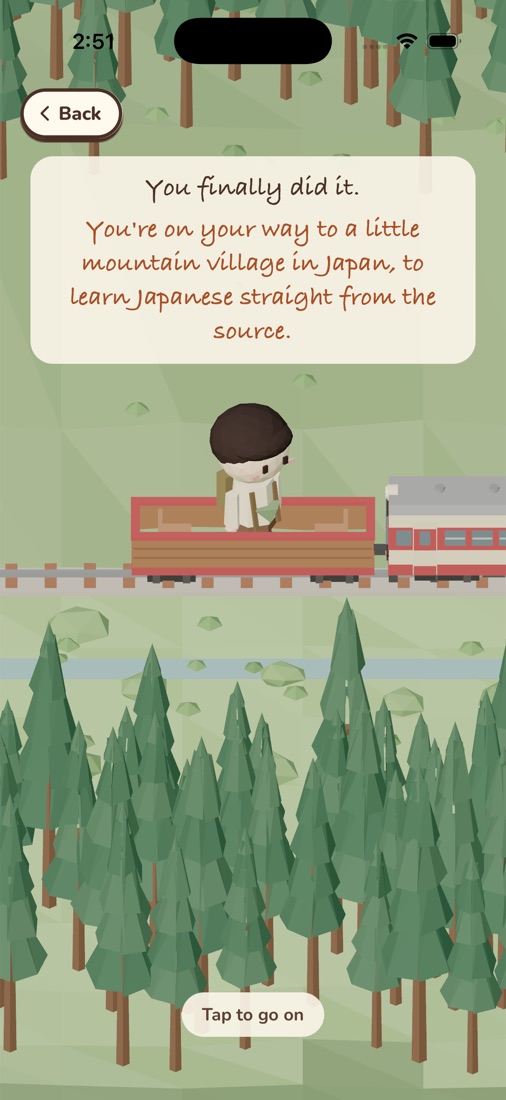 The opening of Ting: your character on a little train through a cedar forest, on the way to a mountain village in Japan.