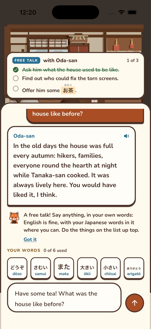A free talk with a guest by the hearth: a short list of things to find out, and a row of your words to use.